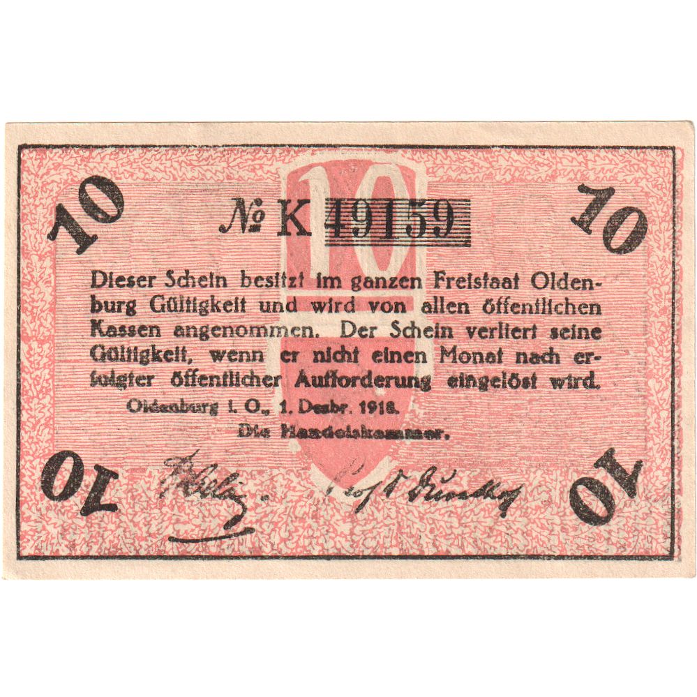 Germania, Oldenburg, 10 Pfennig, Blason, 1918, 1918-12-01, SPL, Mehl:O19.5a
