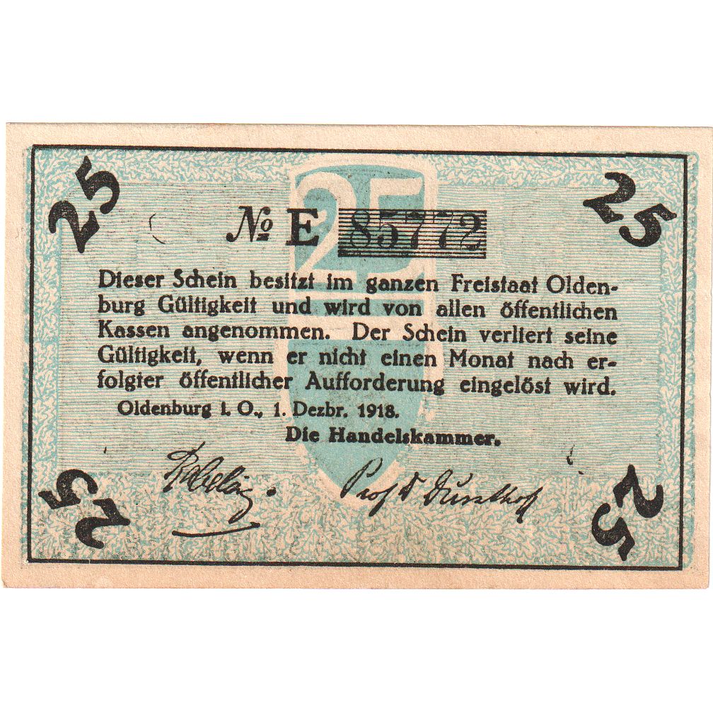 Allemagne, Oldenburg, 25 Pfennig, personnage, 1918, 1918-12-01, SUP+