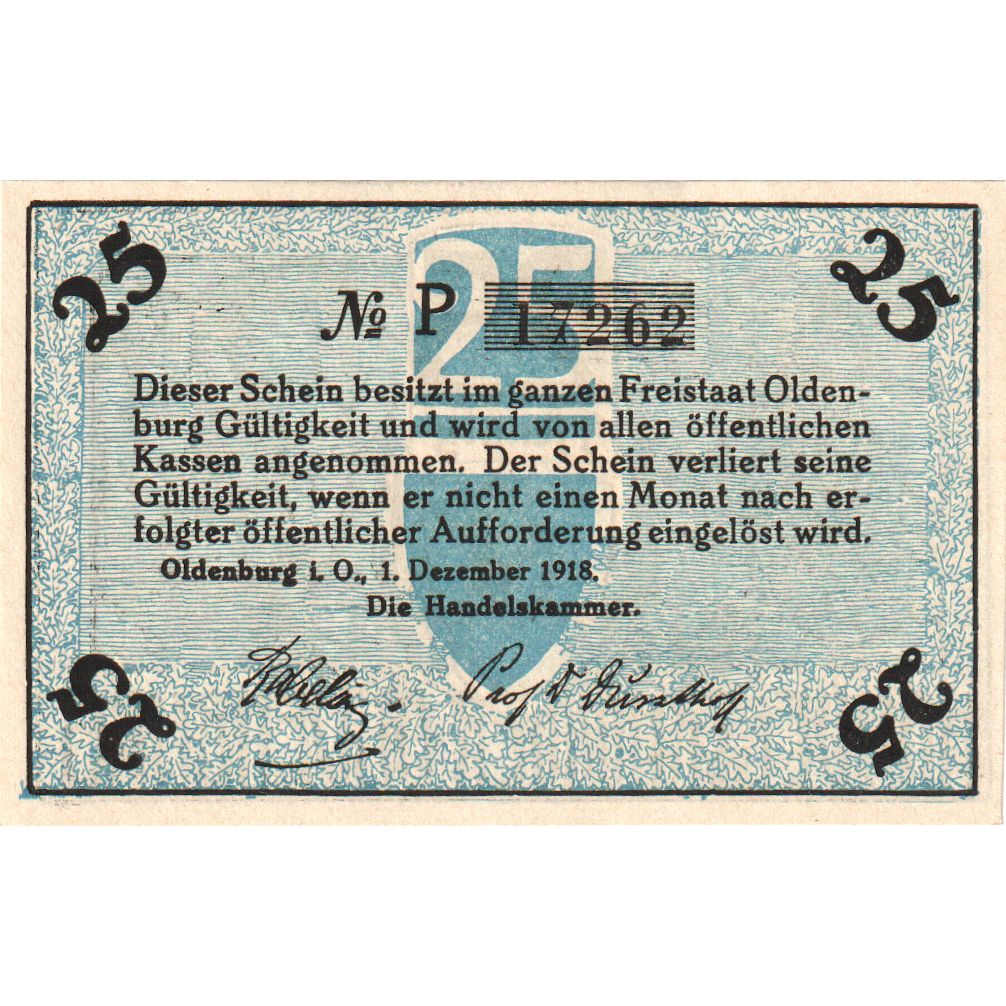 Deutschland, Oldenburg, 25 Pfennig, personnage 1, 1918, 1918-12-01, VZ+