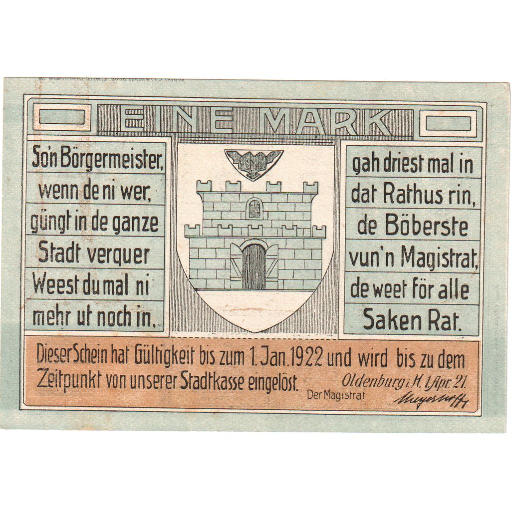 Allemagne, Oldenburg i. Holstein Stadt, 1 Mark, Eglise, 1922, 1922-01-01, SUP+