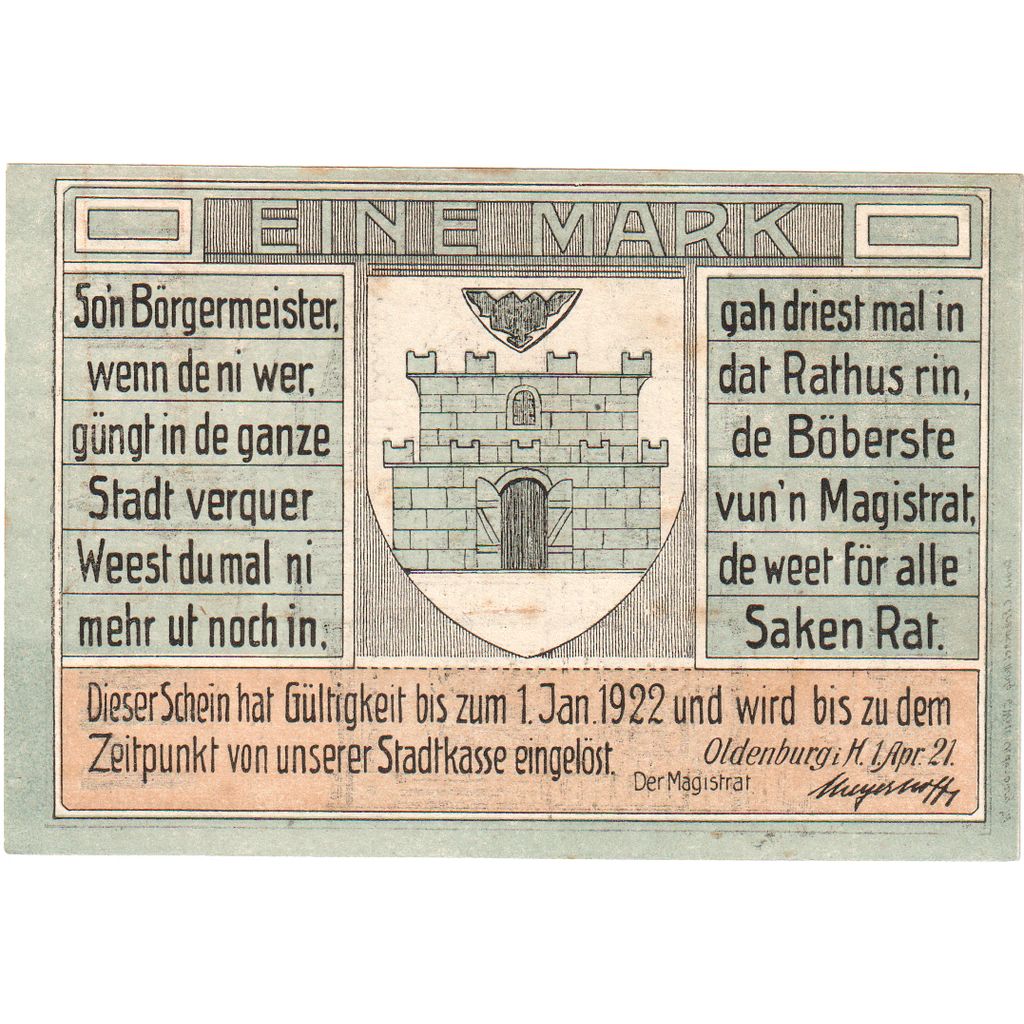 Alemania, Oldenburg i. Holstein Stadt, 1 Mark, Eglise 1, 1922, 1922-01-01, EBC+