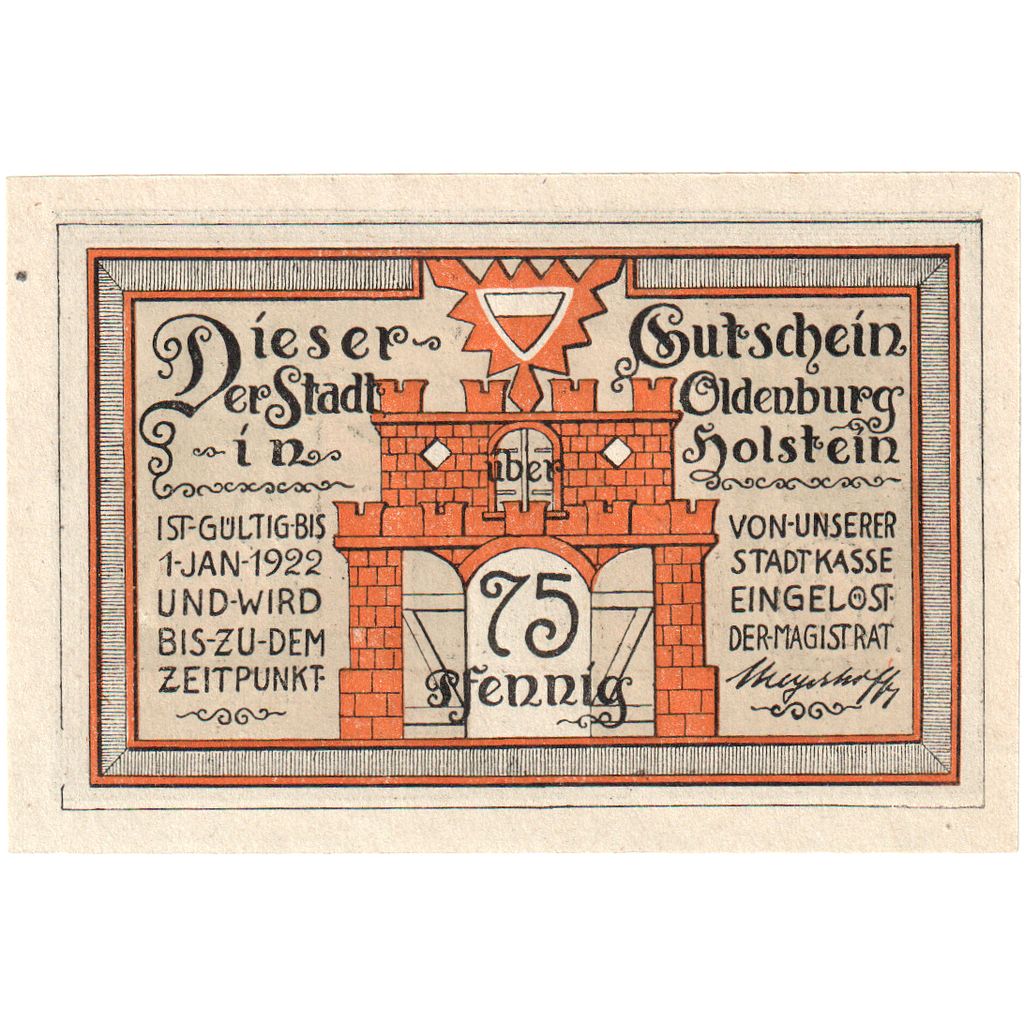 Germania, Oldenburg i. Holstein Stadt, 75 Pfennig, ruelle, 1922, 1922-01-01