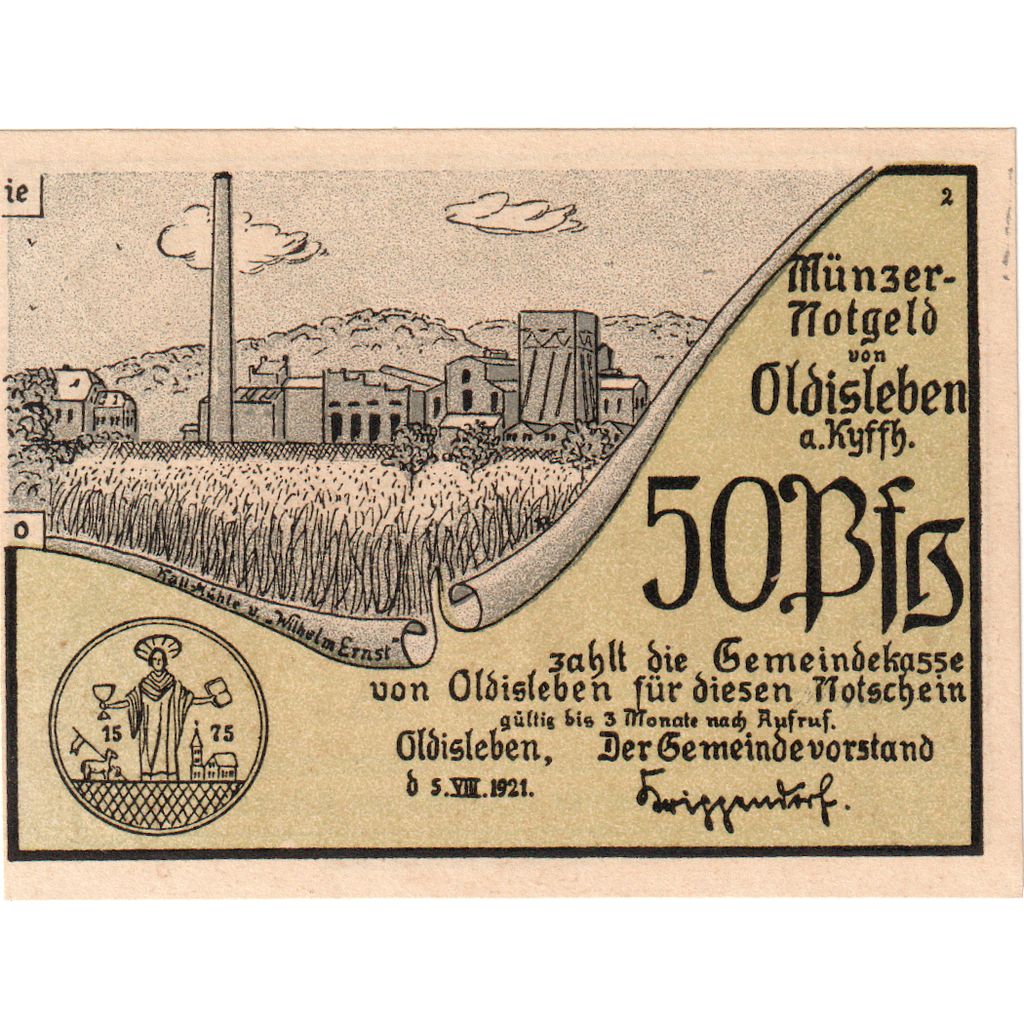 Niemcy, Oldisleben Gemeinde, 50 Pfennig, paysage, 1921, UNC(65-70), Mehl:1022.1a