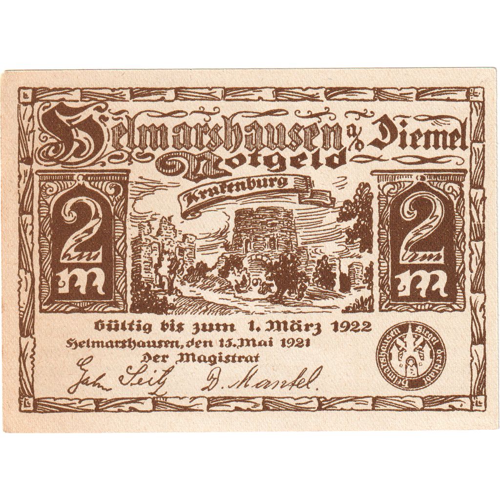 Deutschland, Helmarshausen, 2 Mark, mort, 1921, 1921-05-15, UNZ, Mehl:596.3