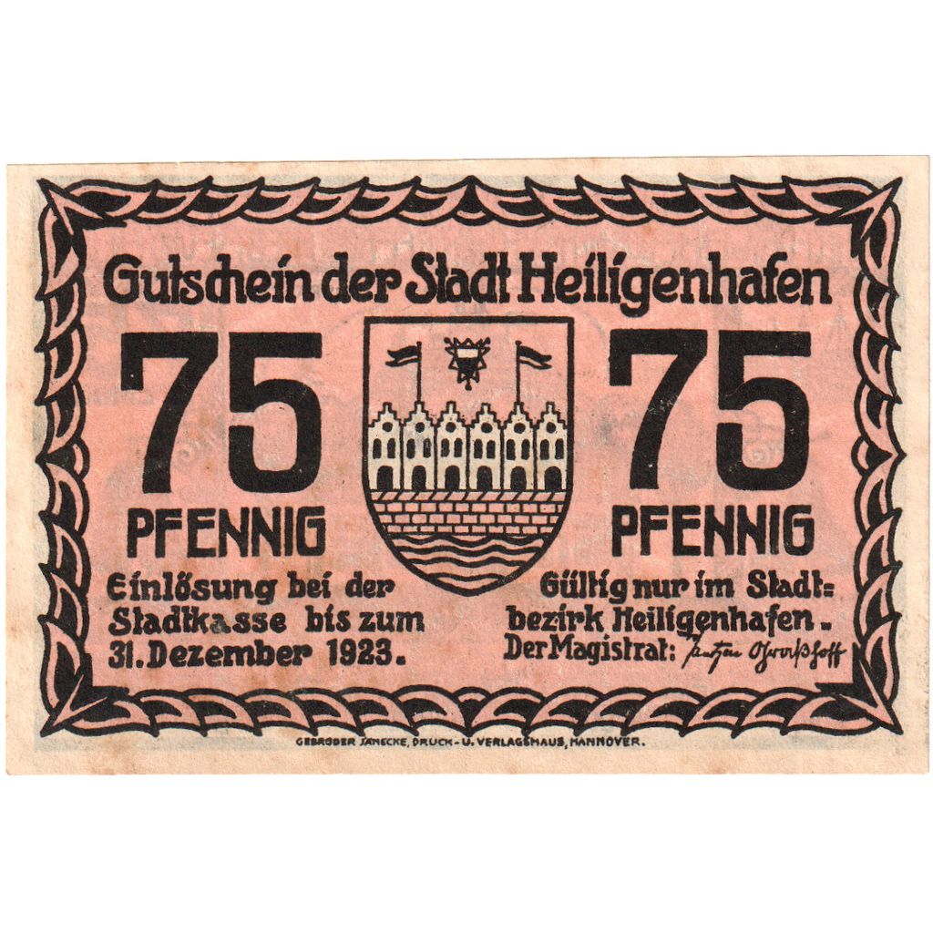 Deutschland, Heiligenhafen Stadt, 75 Pfennig, batiment 1, 1923, 1923-12-31, VZ