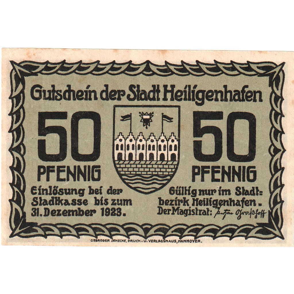 Deutschland, Heiligenhafen Stadt, 50 Pfennig, Batiment, 1923, 1923-12-31, VZ+