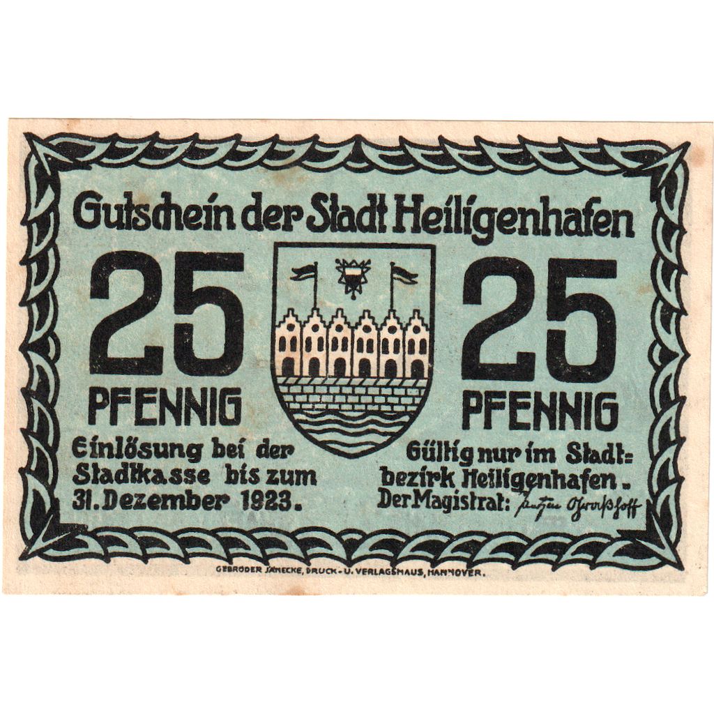 Allemagne, Heiligenhafen Stadt, 25 Pfennig, mer, 1923, 1923-12-31, SUP+