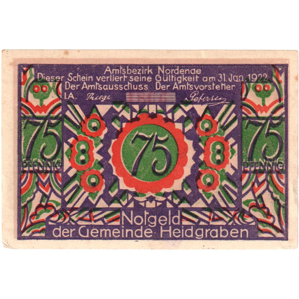 Germania, Heidgraben, 75 Pfennig, Fleur, O.D, FDS, Mehl:589.2a