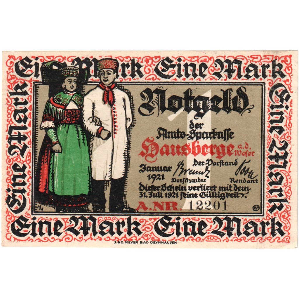 Alemania, Hausberge a. Weser Amtssparkasse, 1 Mark, paysage, 1921, 1921-07-31