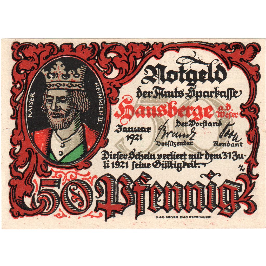 Deutschland, Hausberge a. Weser Amtssparkasse, 50 Pfennig, paysage, 1921