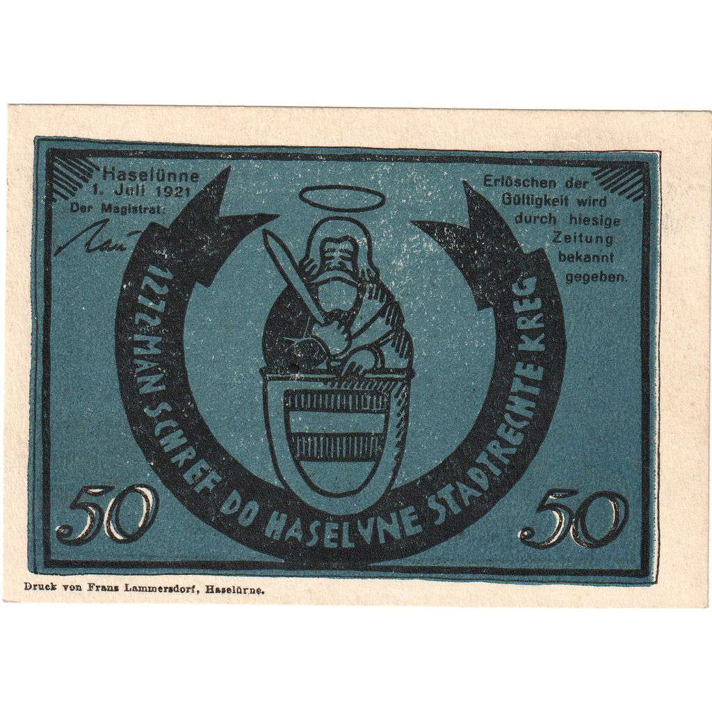 Niemcy, Haselünne, 50 Pfennig, personnage, 1921, 1921-07-01, UNC(63)