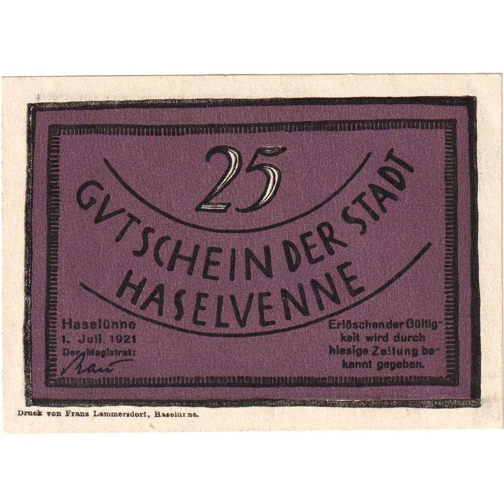 Deutschland, Haselvenne, 25 Pfennig, 1921-10-01, UNZ-