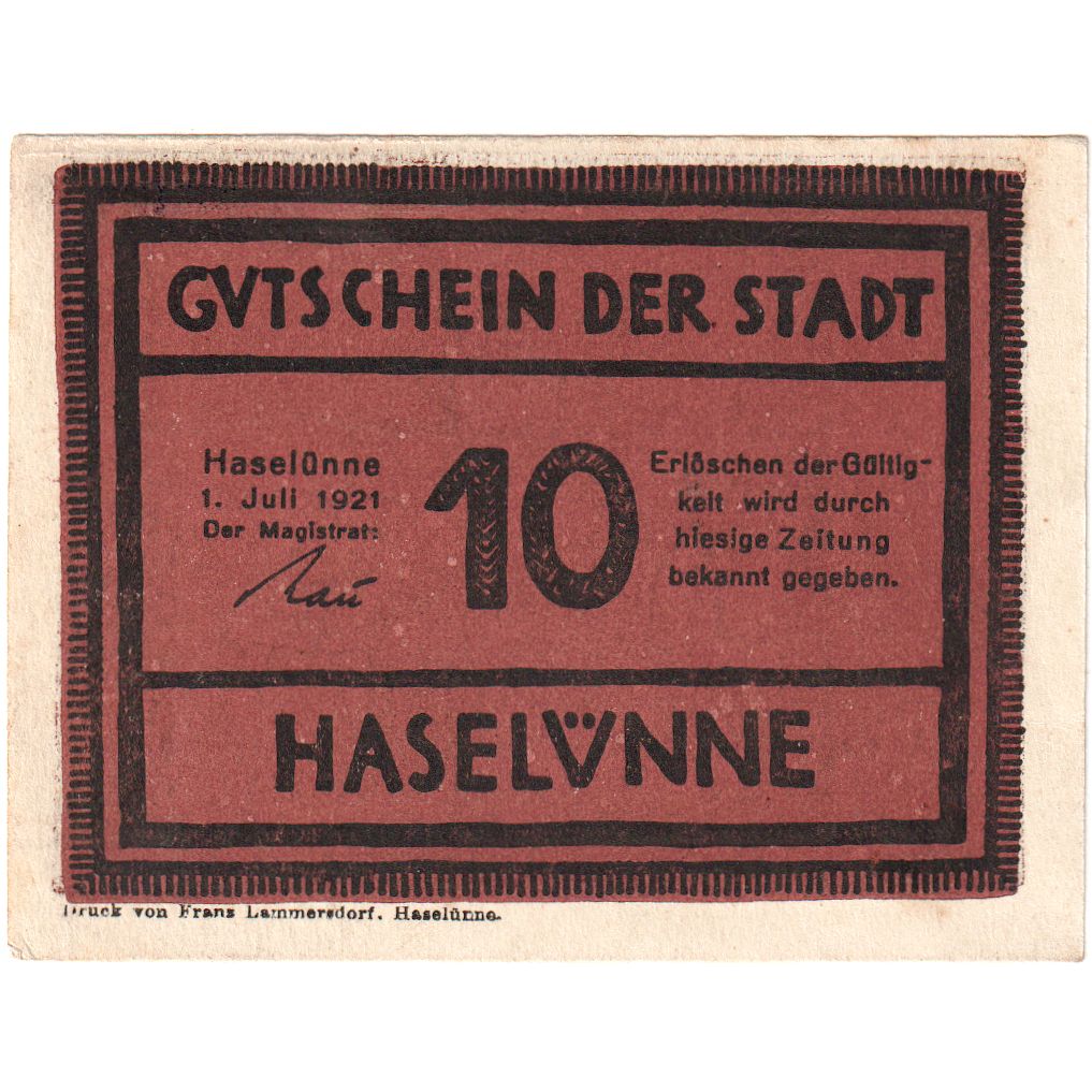 Germania, Haselünne, 10 Pfennig, paysage, 1921, 1921-07-01, SPL, Mehl:583.1