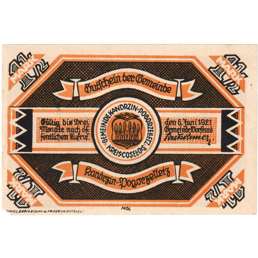 Niemcy, Kandrzin, 1.5 Mark, pont, 1921, 1921-06-06, UNC(65-70), Mehl:675.1