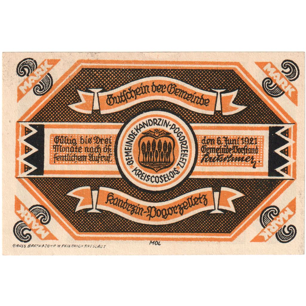 Niemcy, Kandrzin, 3 Mark, 1921-06-06, UNC(65-70)
