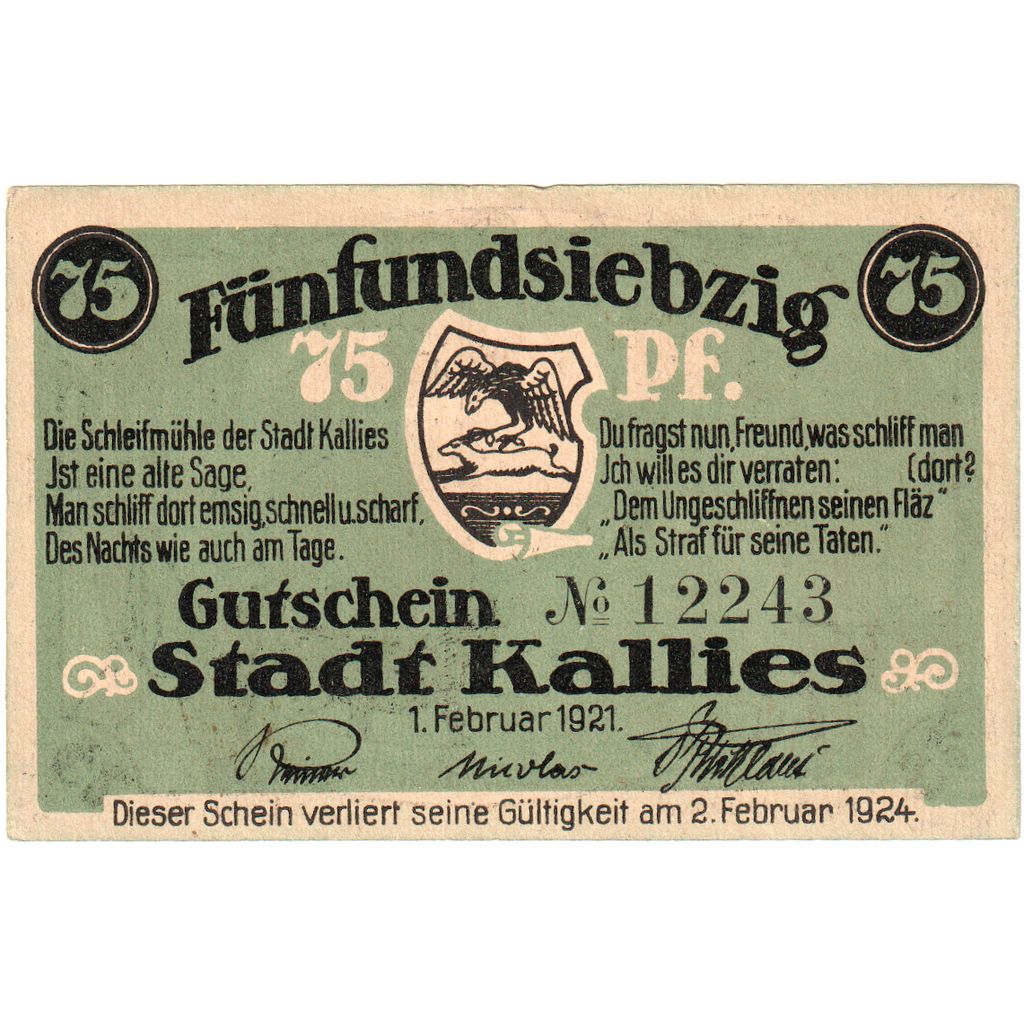 Germany, Kallies, 75 Pfennig, personnage, 1921, 1921-02-01, UNC(60-62)
