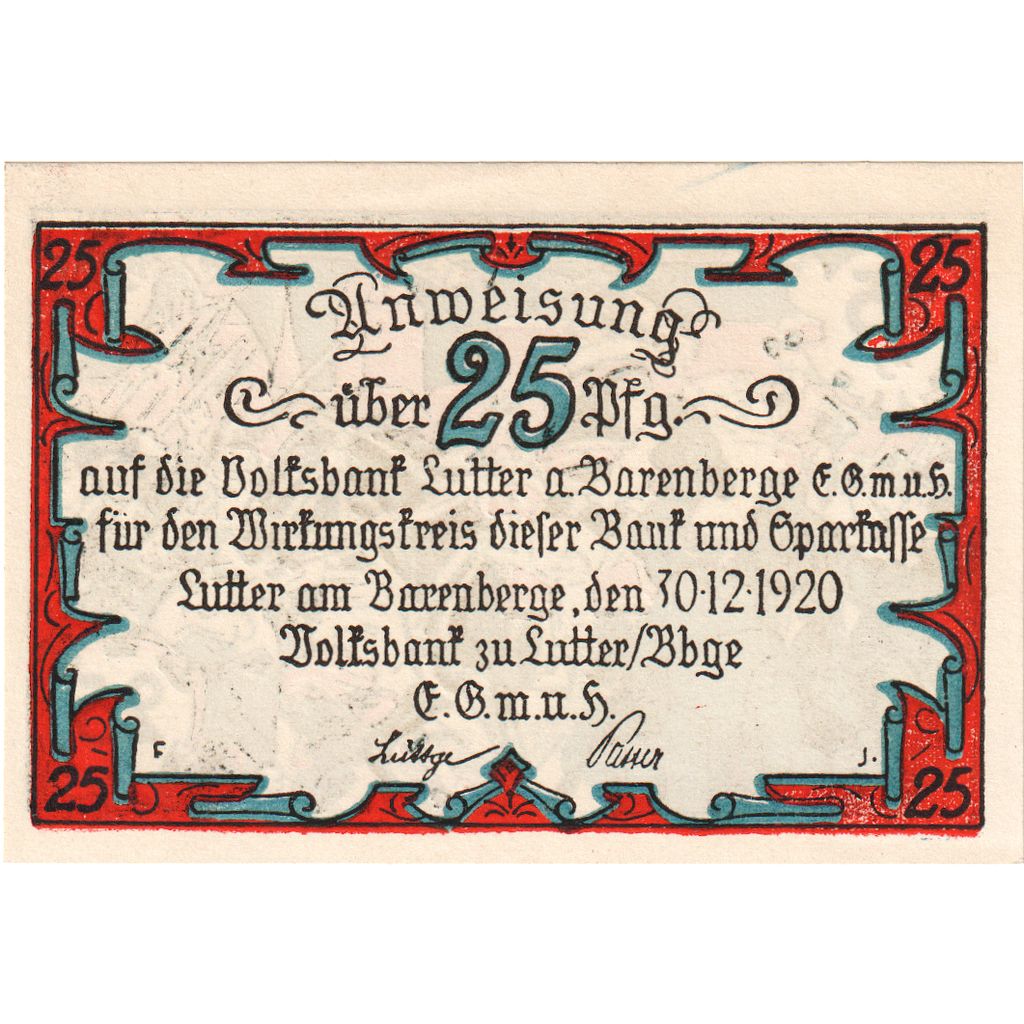 Germania, Lutter am Barenberge, 25 Pfennig, chevalier, 1920, 1920-12-30, SPL