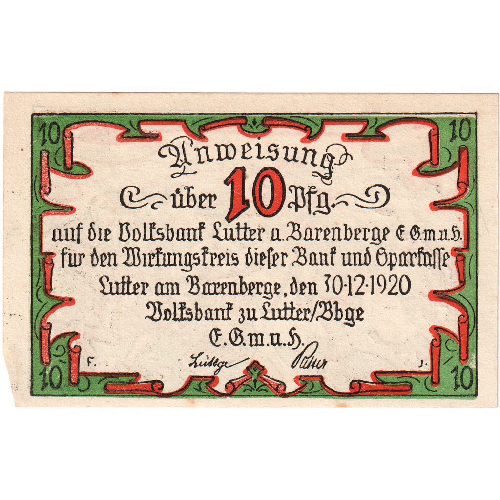 Deutschland, Lutter am Barenberge, 10 Pfennig, personnage, 1920, 1920-12-30