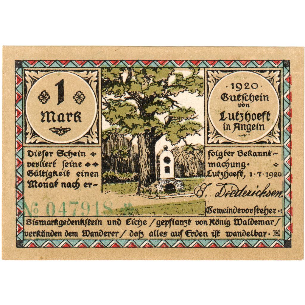 Germania, Lutzhoft, 1 Mark, personnage, 1920, 1920-07-01, SPL, Mehl:848.3