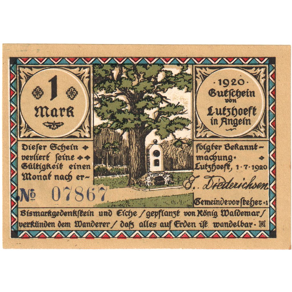 Niemcy, Lutzhoft, 1 Mark, personnage 2, 1920, 1920-07-01, UNC(63), Mehl:848.3