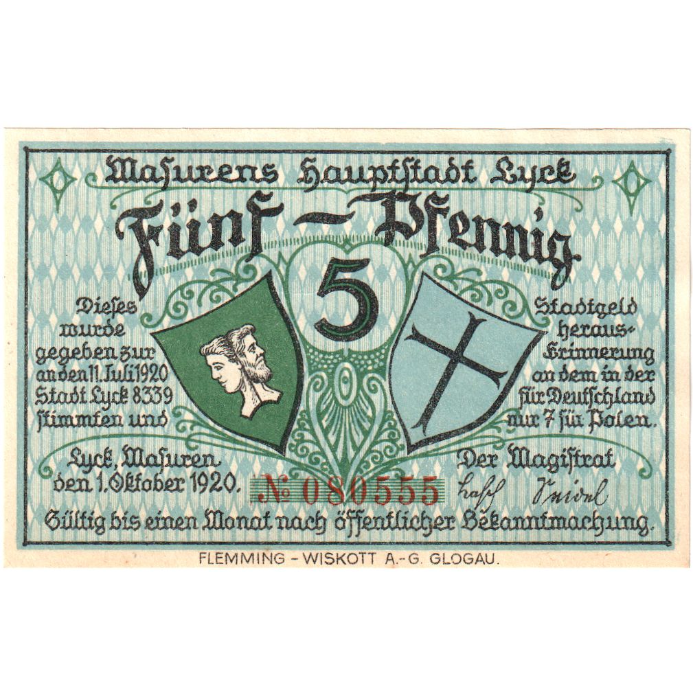 Niemcy, Lyck Stadt, 5 Pfennig, paysage, 1920, 1920-10-01, UNC(60-62), Mehl:849.1