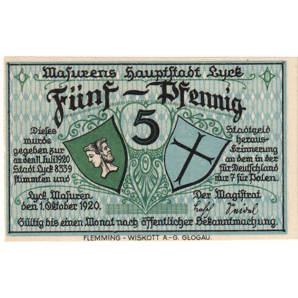 Deutschland, Lyck Stadt, 5 Pfennig, paysage 1, 1920, 1920-10-01, VZ+, Mehl:849.1