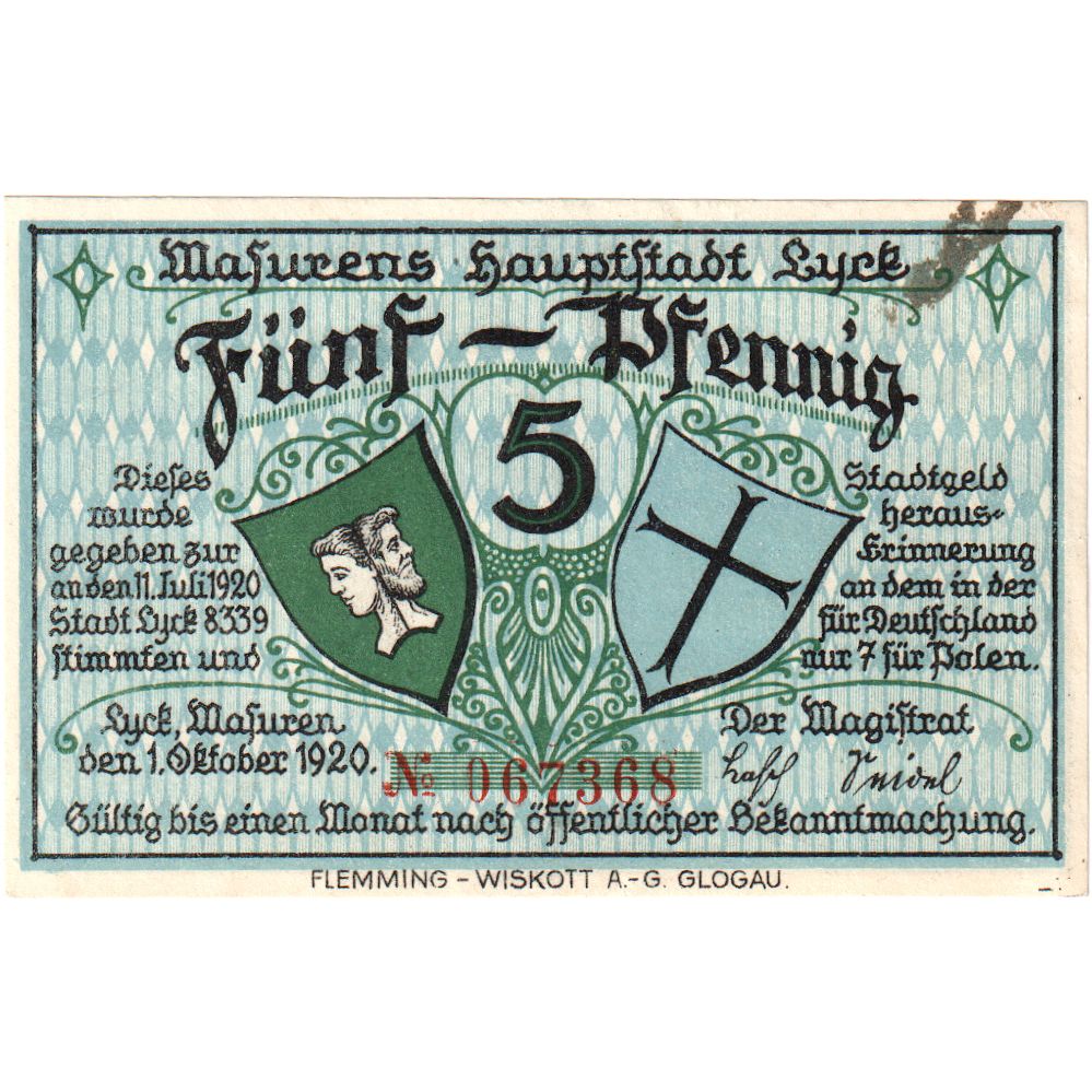 Niemcy, Lyck Stadt, 5 Pfennig, paysage 2, 1920, 1920-10-01, UNC(60-62)