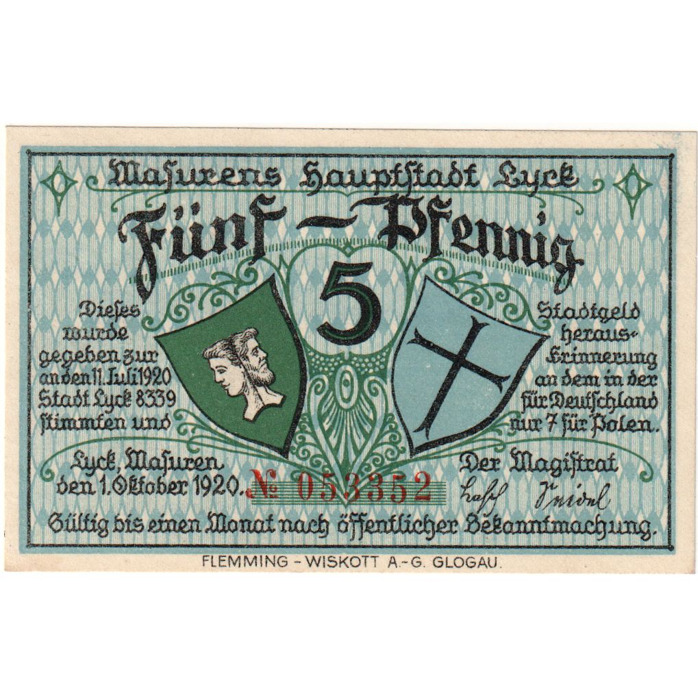 Germania, Lyck Stadt, 5 Pfennig, paysage 3, 1920, 1920-10-01, SPL, Mehl:849.1