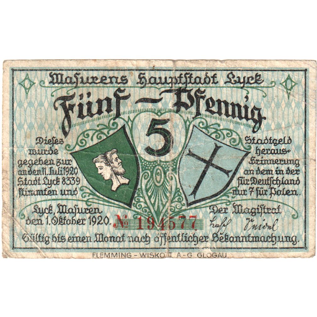 Germania, Lyck Stadt, 5 Pfennig, paysage 5, 1920, 1920-10-01, SPL, Mehl:849.1