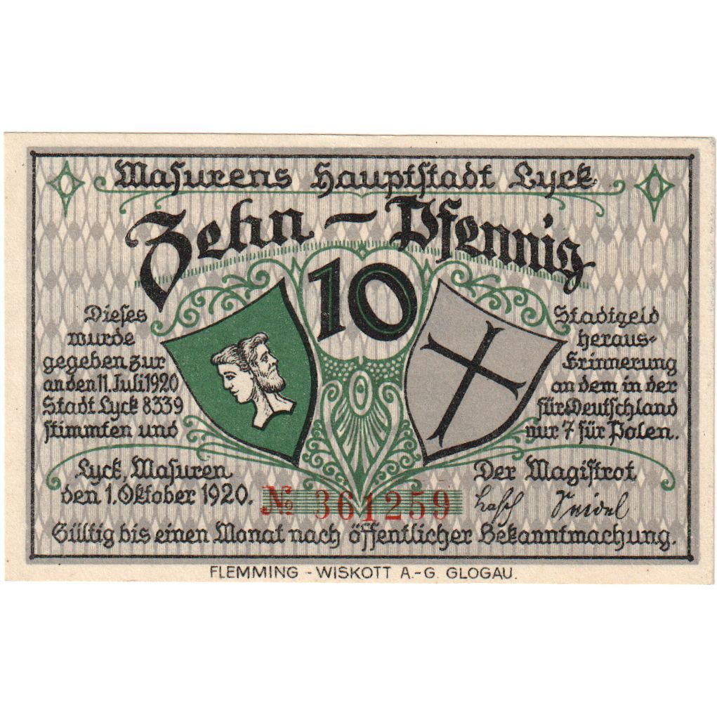 Deutschland, Lyck Stadt, 10 Pfennig, paysage, 1920, 1920-10-01, VZ+, Mehl:320.2