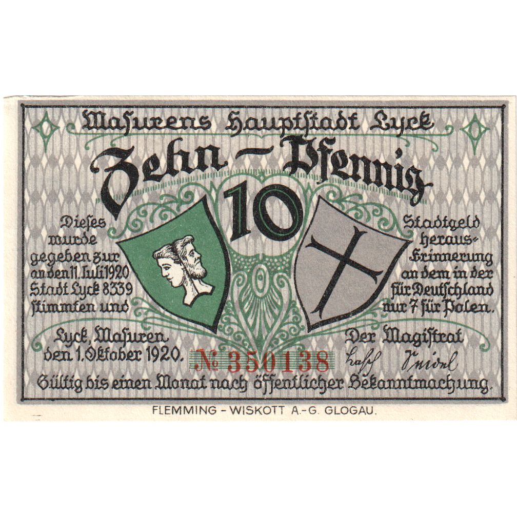 Deutschland, Lyck Stadt, 10 Pfennig, paysage 1, 1920, 1920-10-01, VZ+