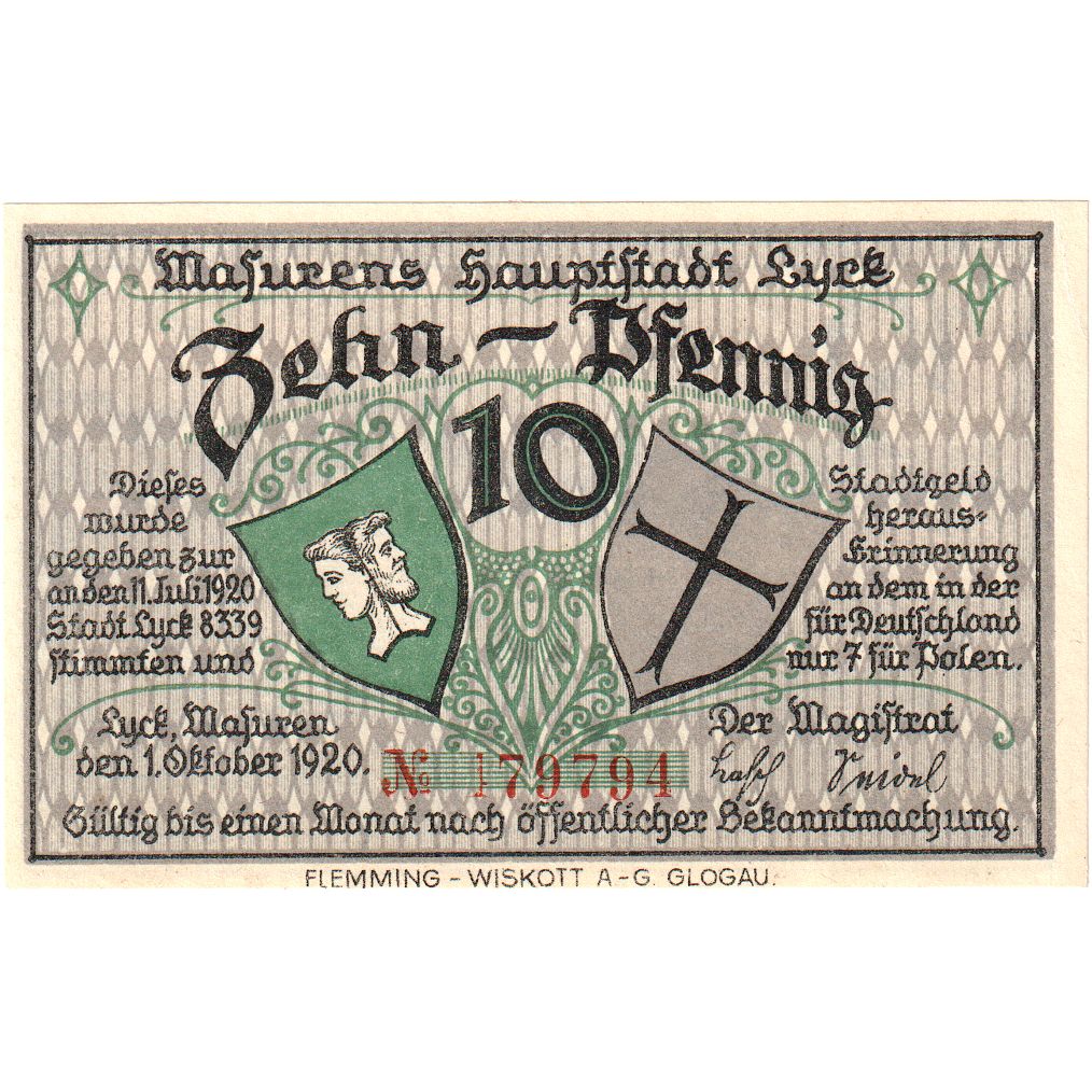 Niemcy, Lyck Stadt, 10 Pfennig, paysage 2, 1920, 1920-10-01, UNC(60-62)