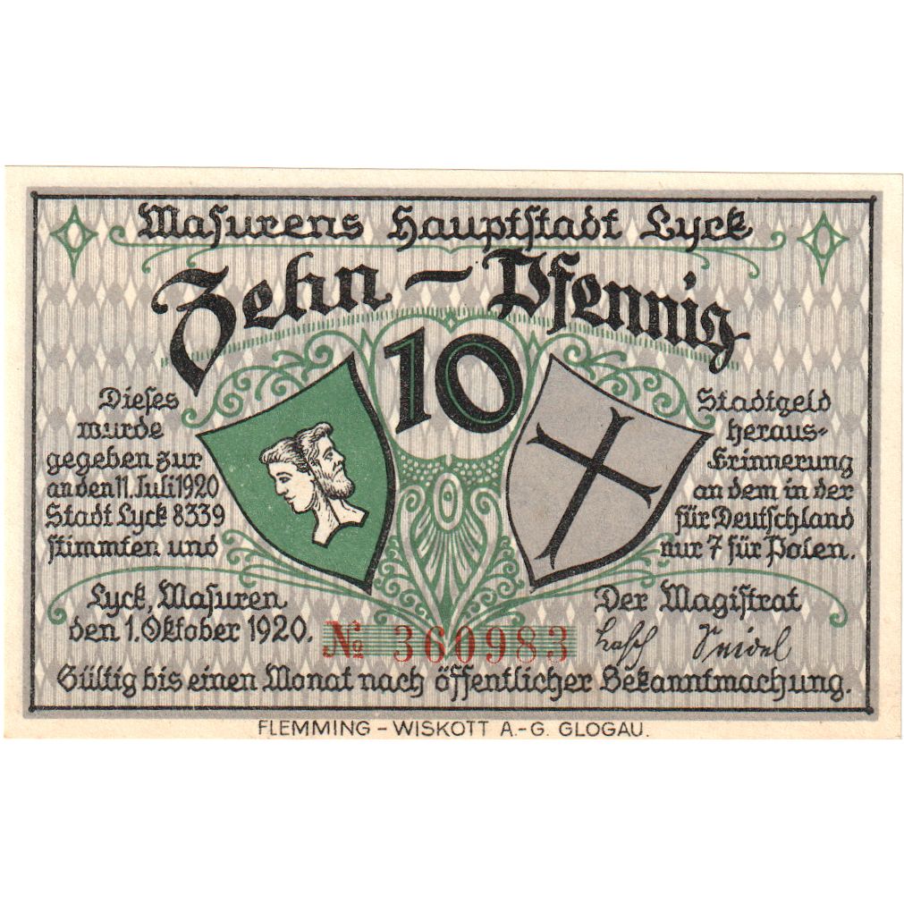 Niemcy, Lyck Stadt, 10 Pfennig, paysage 3, 1920, 1920-10-01, UNC(60-62)