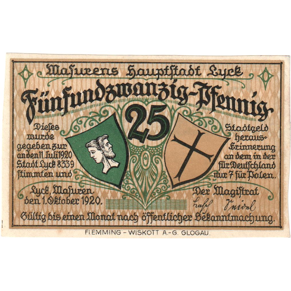 Germany, Lyck Stadt, 25 Pfennig, paysage, 1920, 1920-10-01, UNC(60-62)