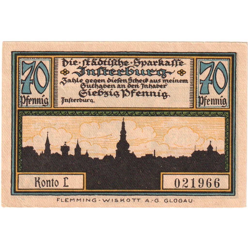 Deutschland, Insterburg, 70 Pfennig, paysage 4, O.D, UNZ, Mehl:645.1a
