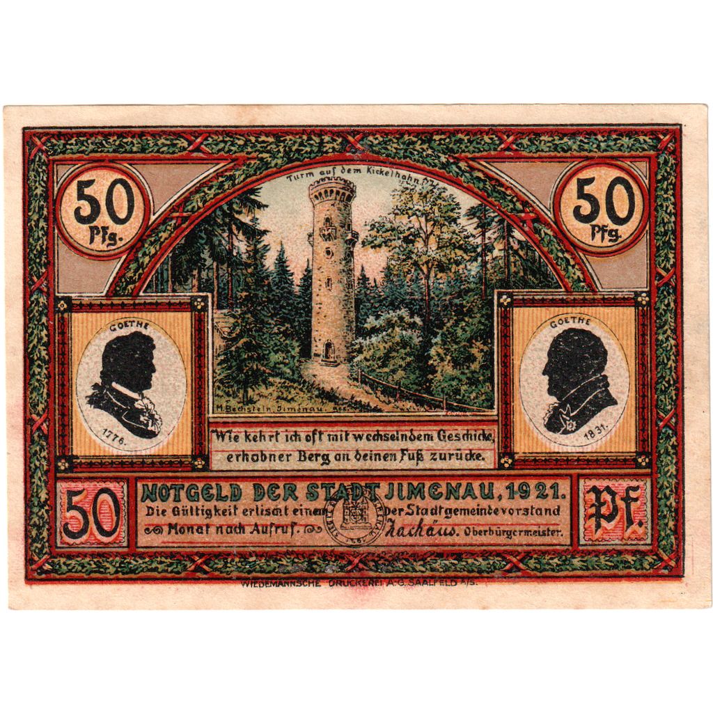 Alemania, ilmenau, 50 Pfennig, monument 2, 1921, SC, Mehl:643.4