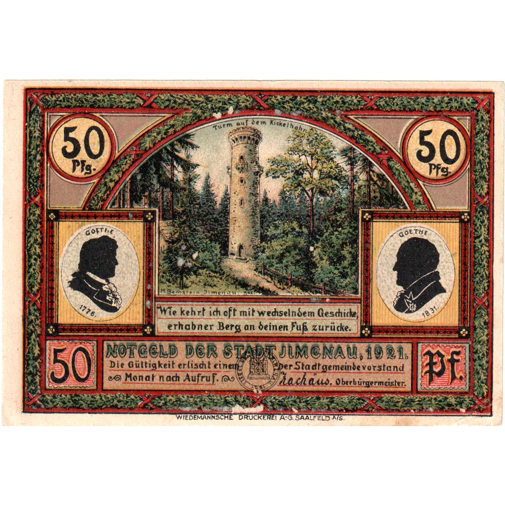 Niemcy, ilmenau, 50 Pfennig, Monument, 1921, UNC(60-62), Mehl:643.4