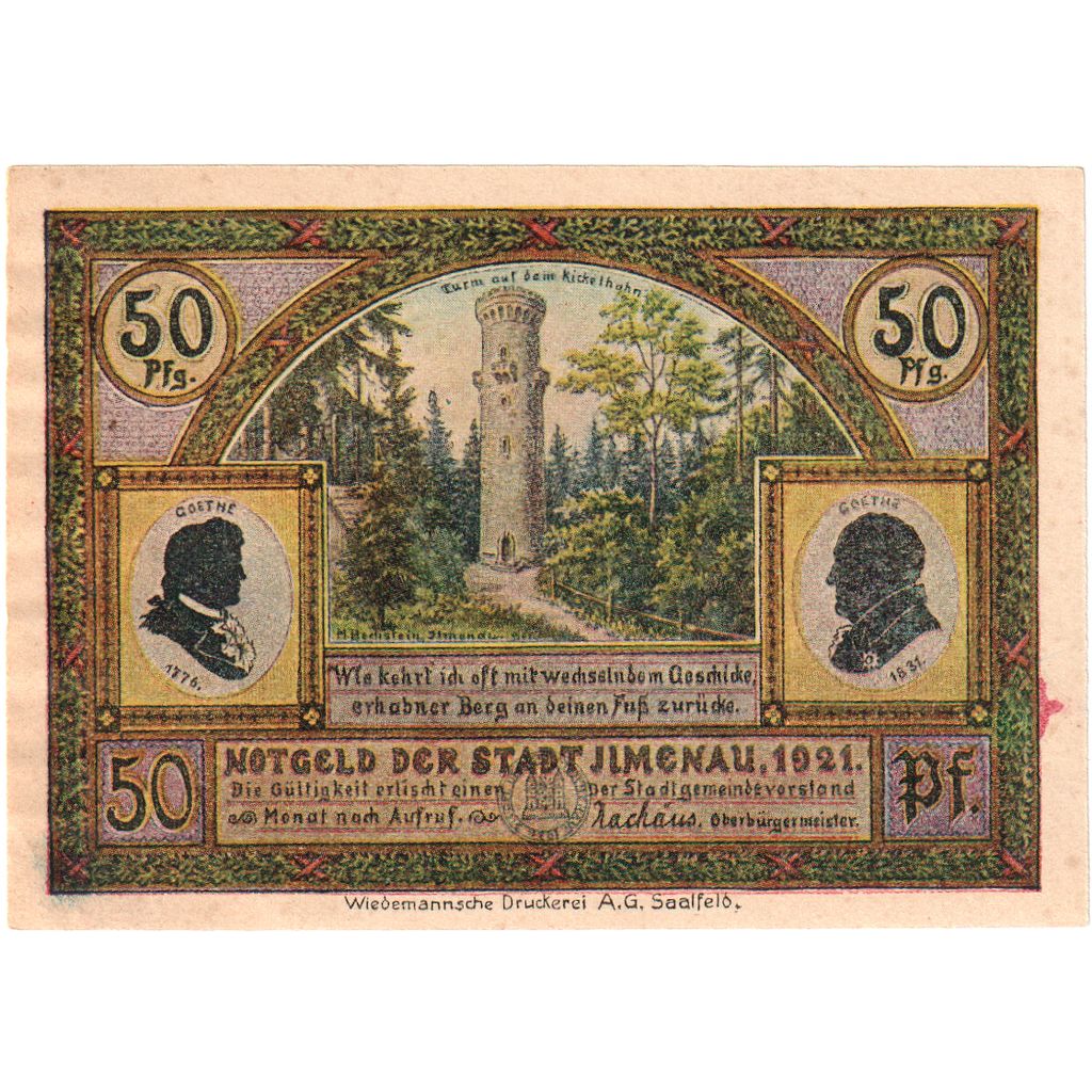 Niemcy, ilmenau, 50 Pfennig, monument 3, 1921, UNC(60-62), Mehl:643.4
