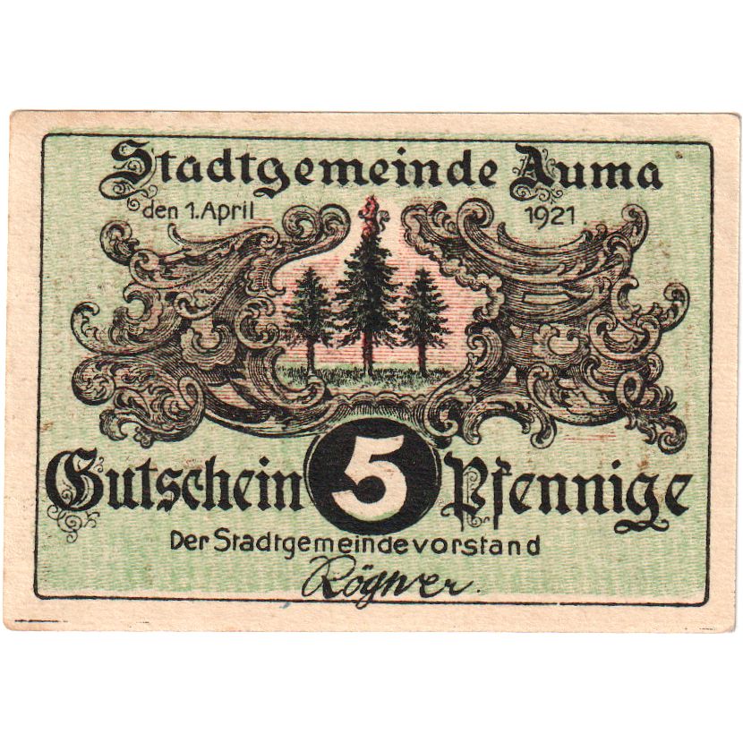 Alemanha, Auma Stadt, 5 Pfennig, personnage, 1921, 1921-04-01, UNC(65-70)
