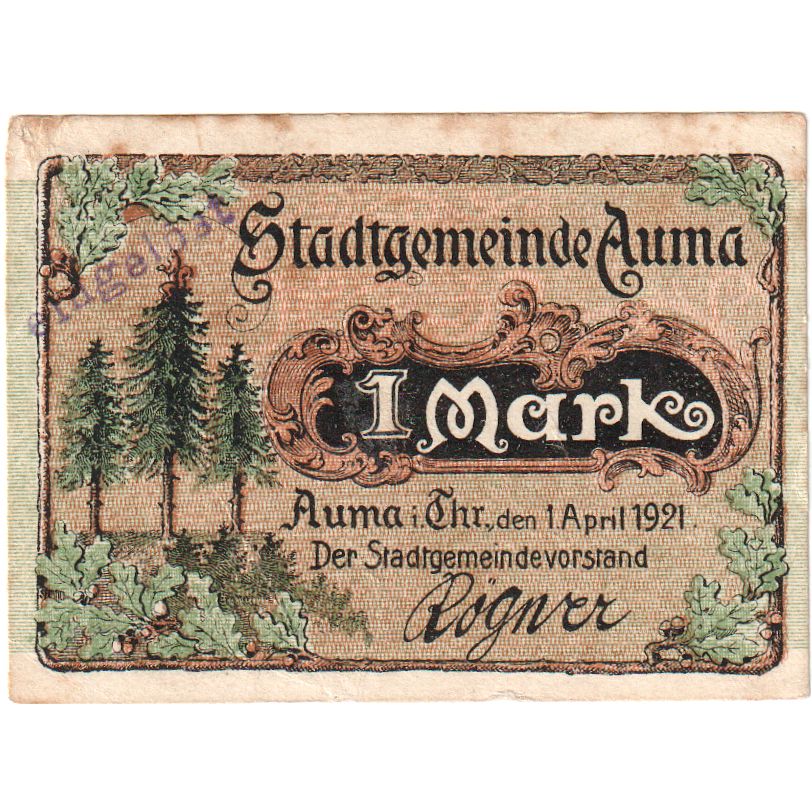 Germany, Auma Stadt, 1 Mark, personnage, 1921, 1921-04-01, UNC(65-70), Mehl:55.1
