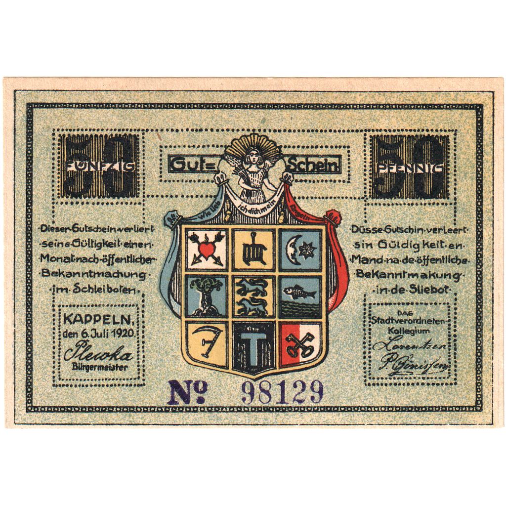 Deutschland, Kappeln, 50 Pfennig, pêcheur, 1920, 1920-07-06, UNZ-, Mehl:677.1c
