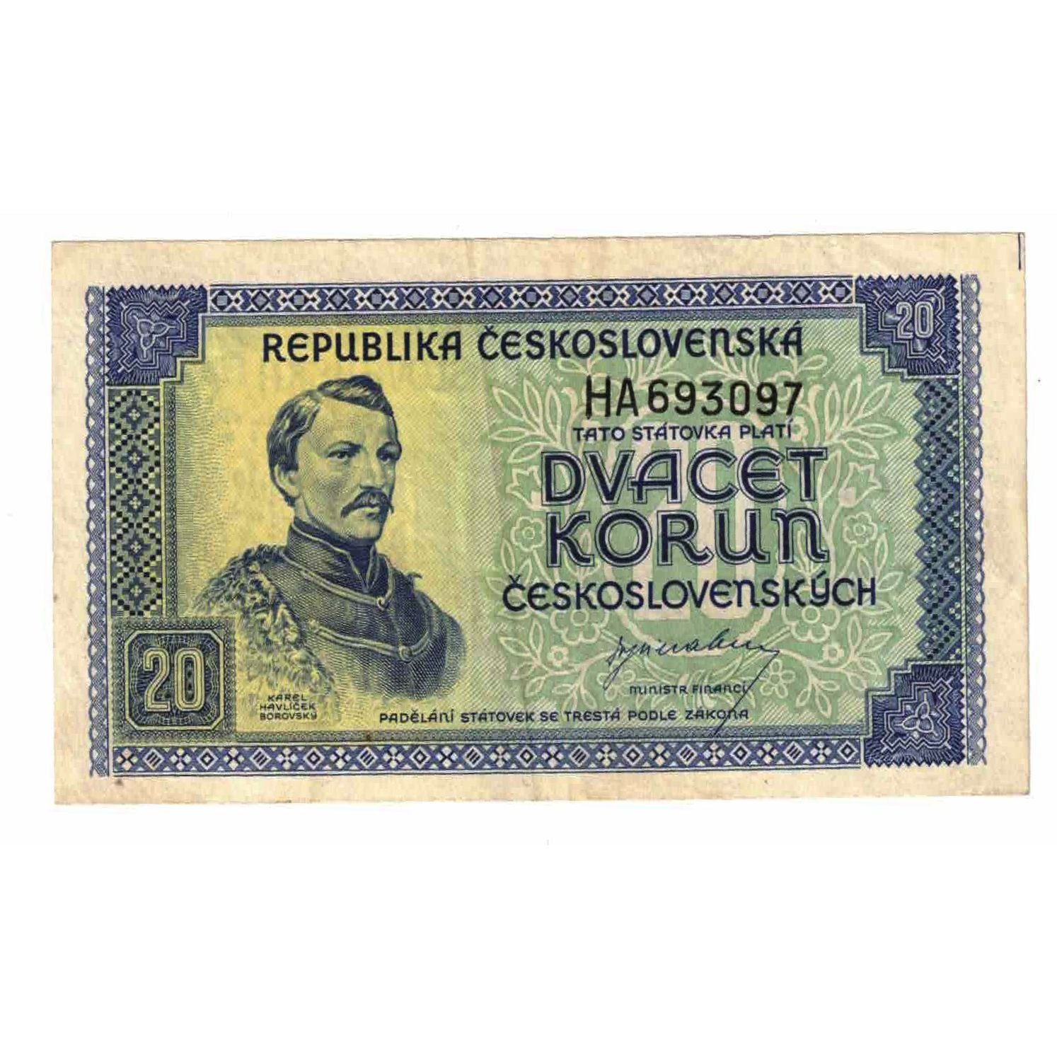 Banknote, Czechoslovakia, 20 Korun, undated (1945), KM:61a, AU(55-58)