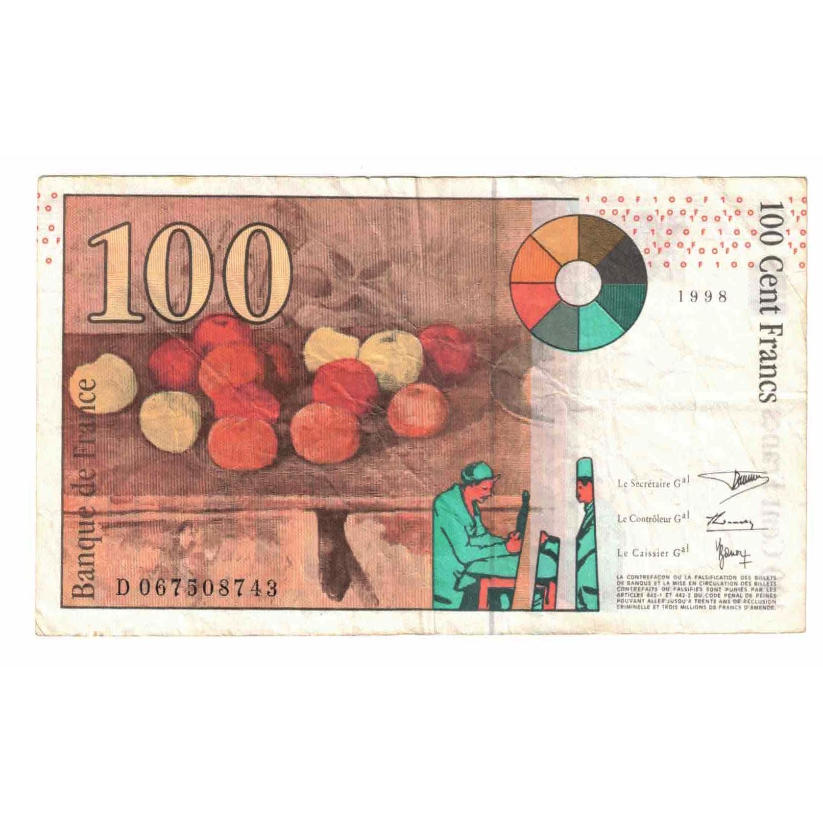 França, 100 Francs, Cézanne, 1998, D.067, EF(40-45), Fayette:74.2, KM:158a