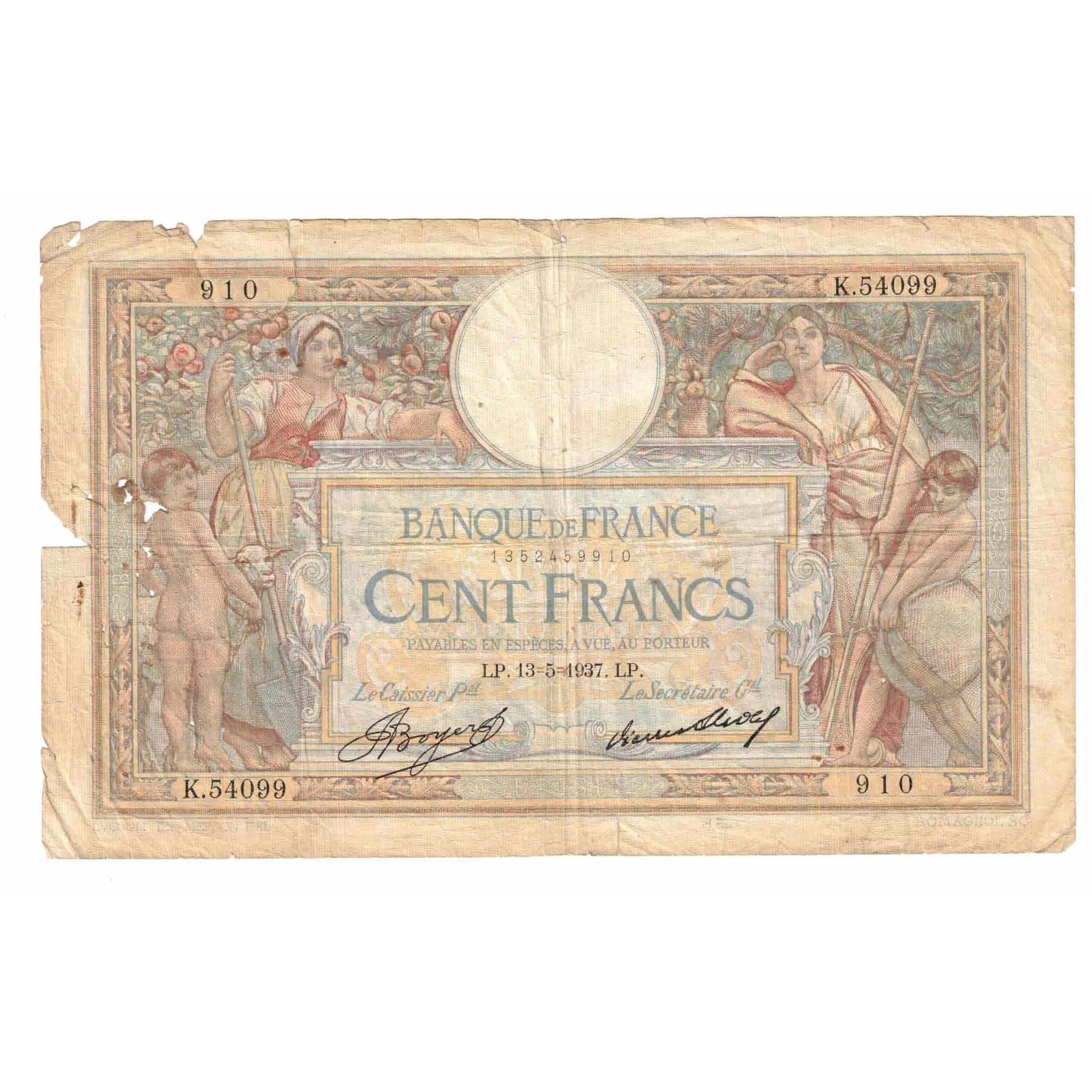 Francia, 100 Francs, Luc Olivier Merson, 1937, K;540, MC, Fayette:24.16, KM:78c