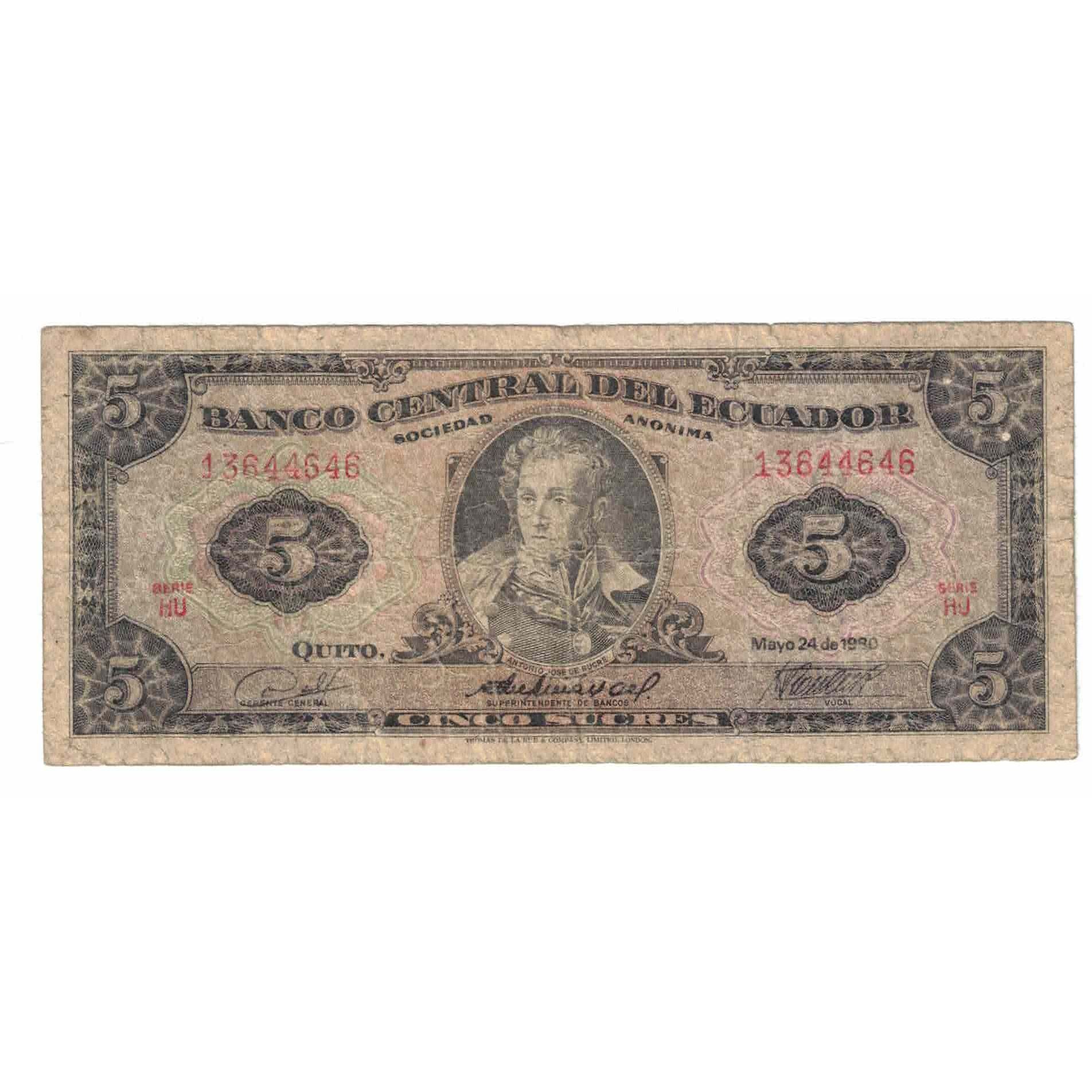 Banknot, Ekwador, 5 Sucres, 1980, 1980-05-24, KM:113c, VF(20-25)