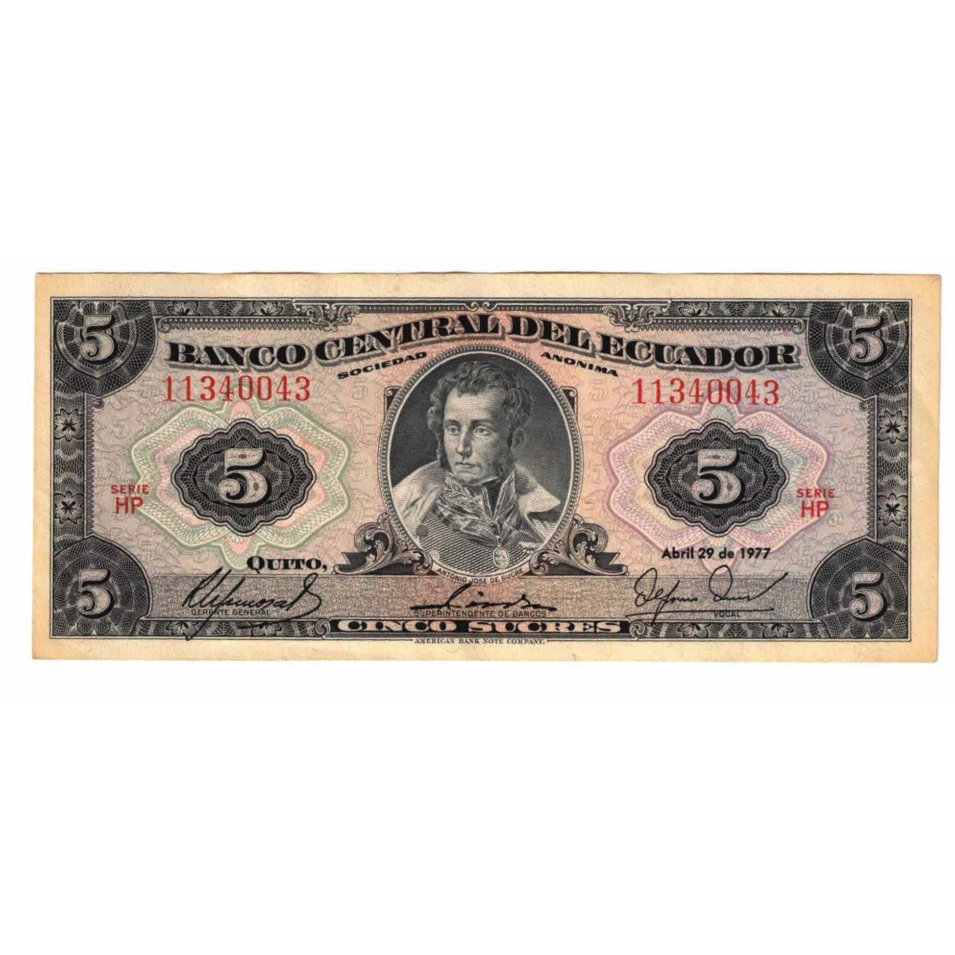 Banconote, Ecuador, 5 Sucres, 1977, 1977-04-29, KM:108a, BB