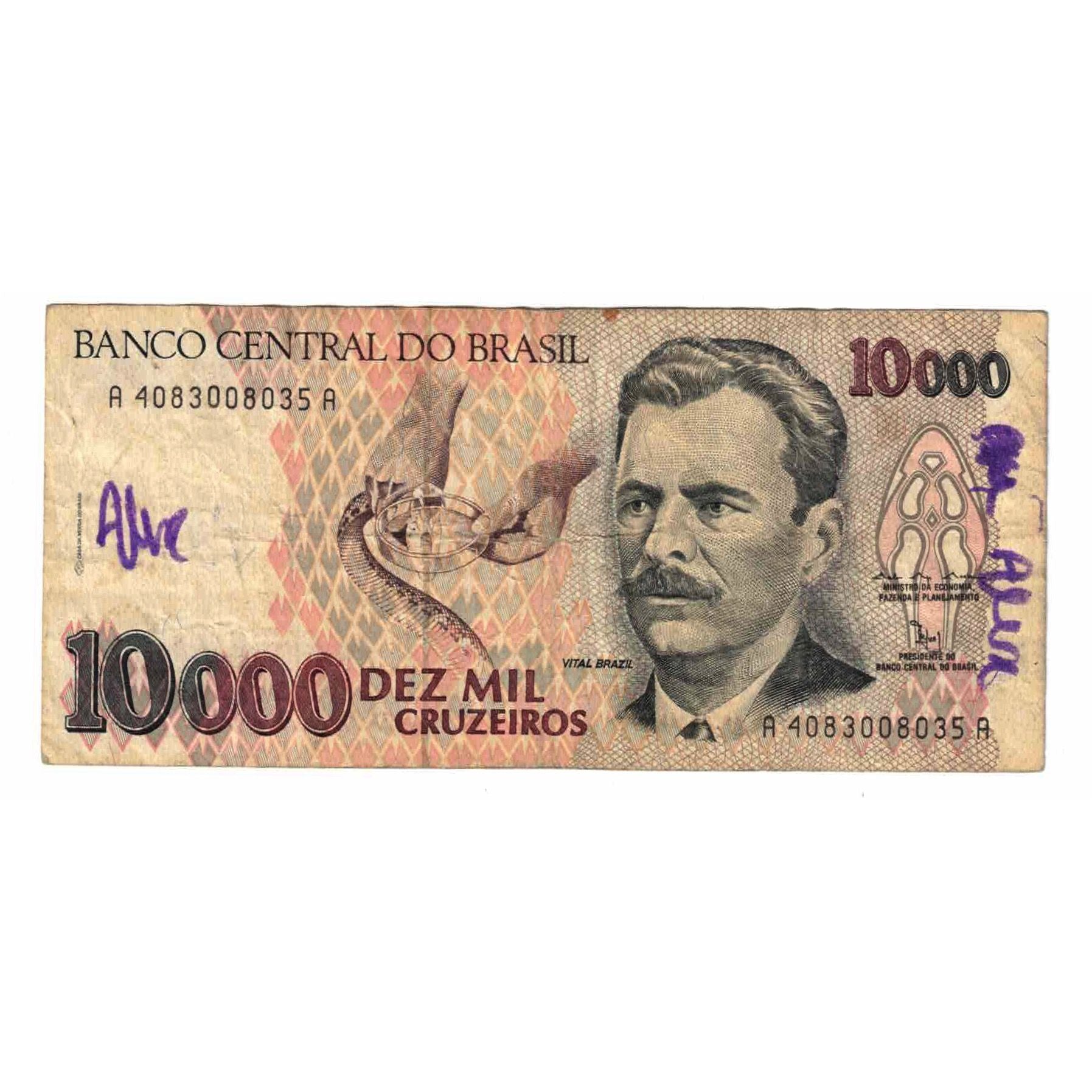 Nota, Brasil, 10,000 Cruzeiros, Undated (1992), KM:233b, VG(8-10)