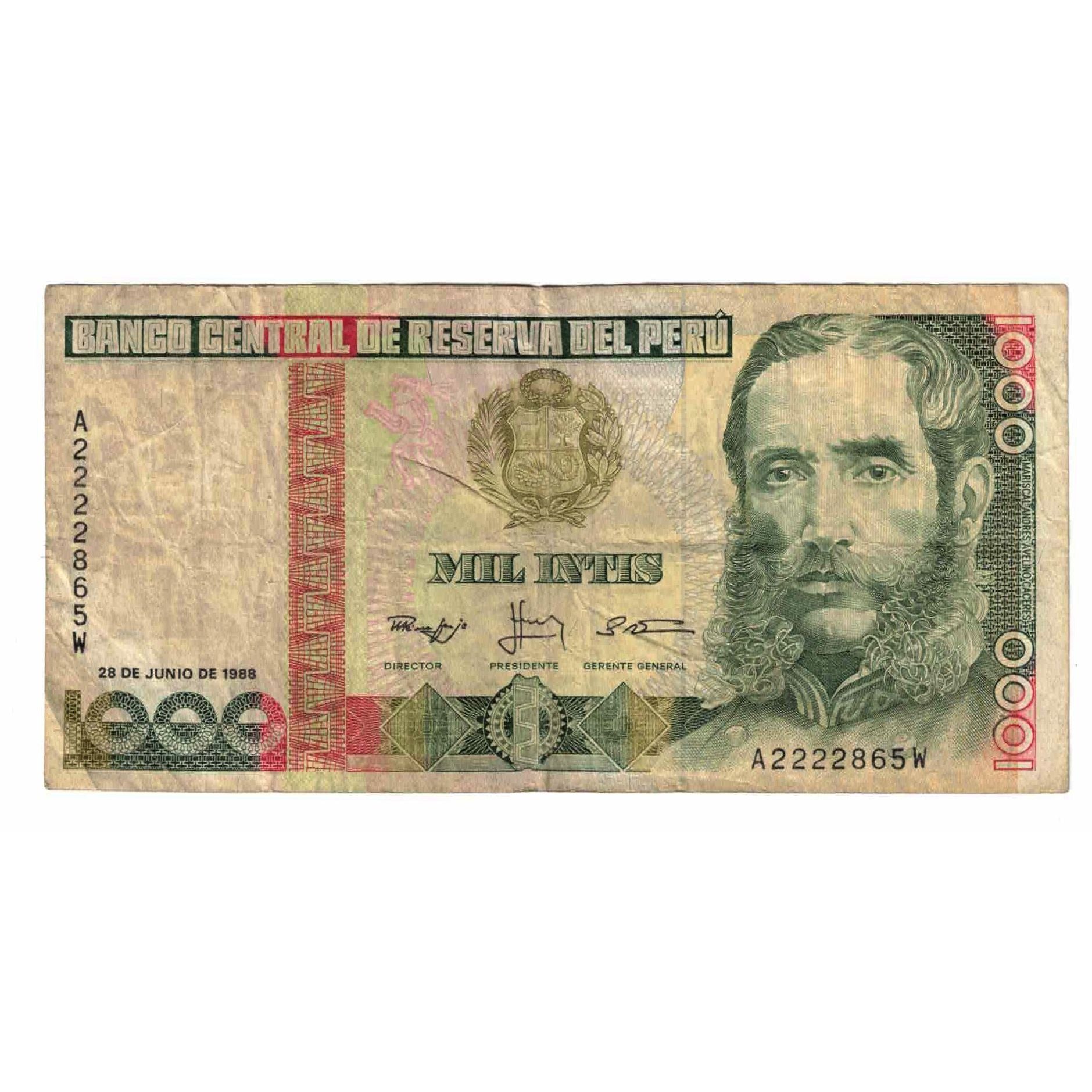 Nota, Peru, 1000 Intis, 1988, 1988-06-28, KM:136b, VF(20-25)