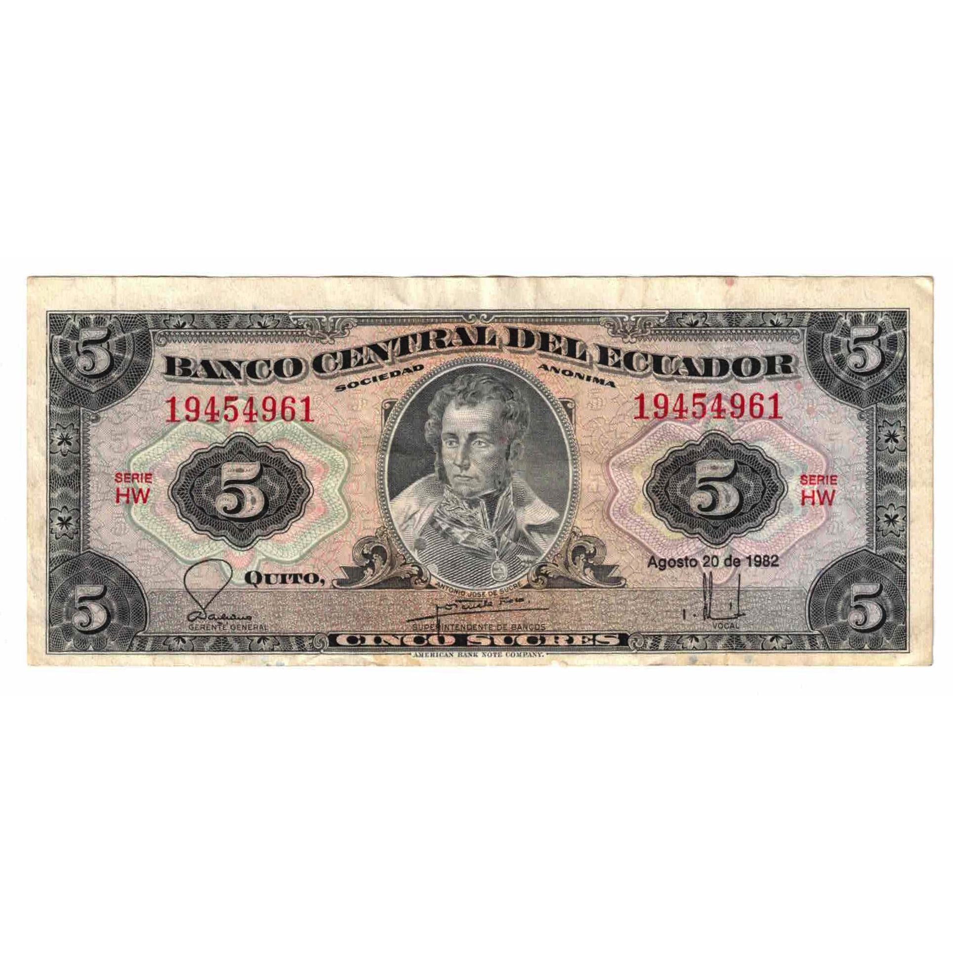 Banknot, Ekwador, 5 Sucres, 1982, 1982-08-20, KM:108b, VF(20-25)