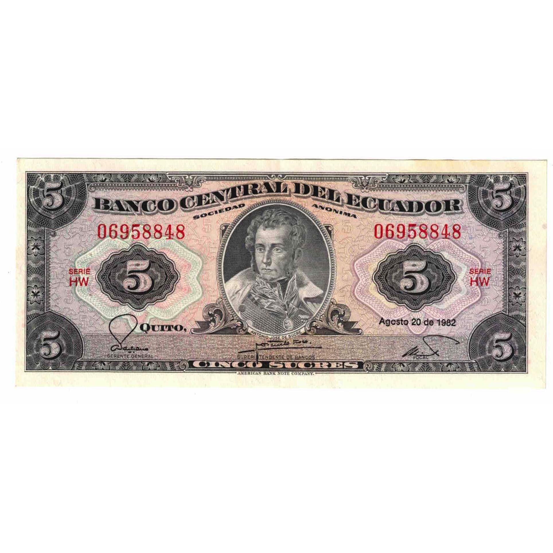 Billet, Équateur, 5 Sucres, 1982, 1982-08-20, KM:108b, SUP